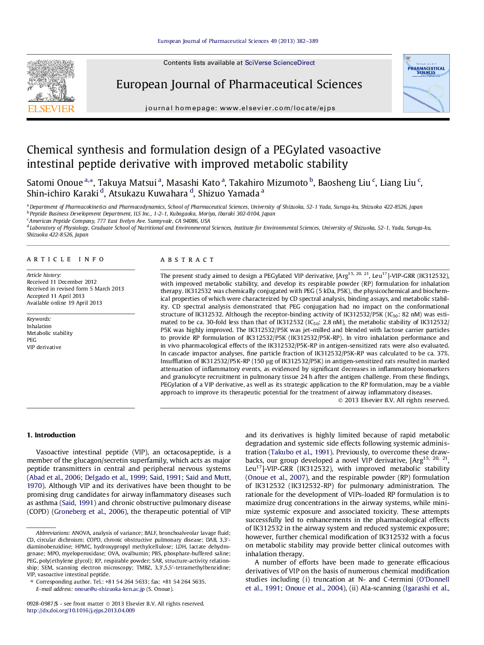 Chemical synthesis and formulation design of a PEGylated vasoactive intestinal peptide derivative with improved metabolic stability