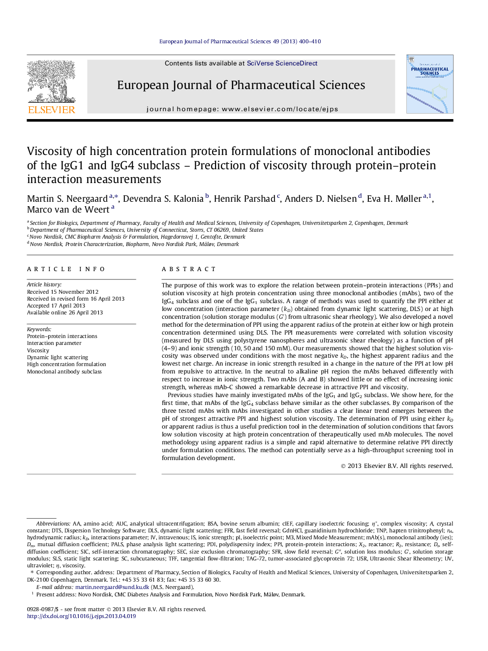 Viscosity of high concentration protein formulations of monoclonal antibodies of the IgG1 and IgG4 subclass - Prediction of viscosity through protein-protein interaction measurements