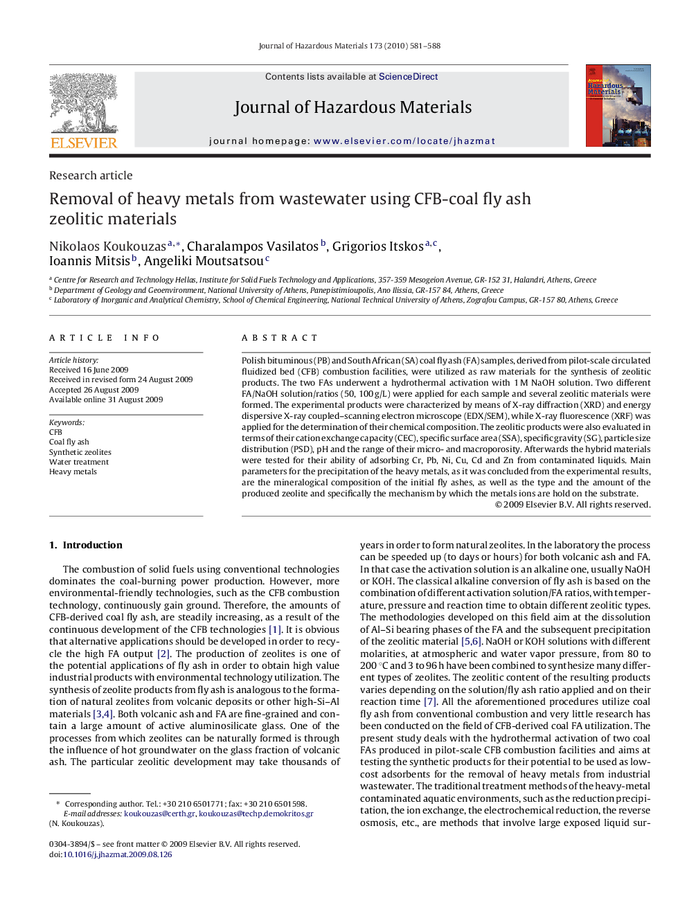 Removal of heavy metals from wastewater using CFB-coal fly ash zeolitic materials