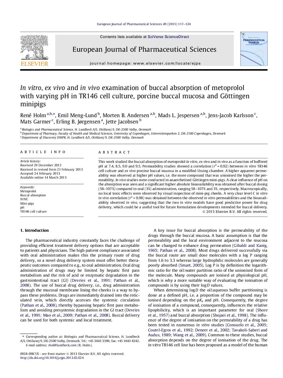 In vitro, ex vivo and in vivo examination of buccal absorption of metoprolol with varying pH in TR146 cell culture, porcine buccal mucosa and Göttingen minipigs