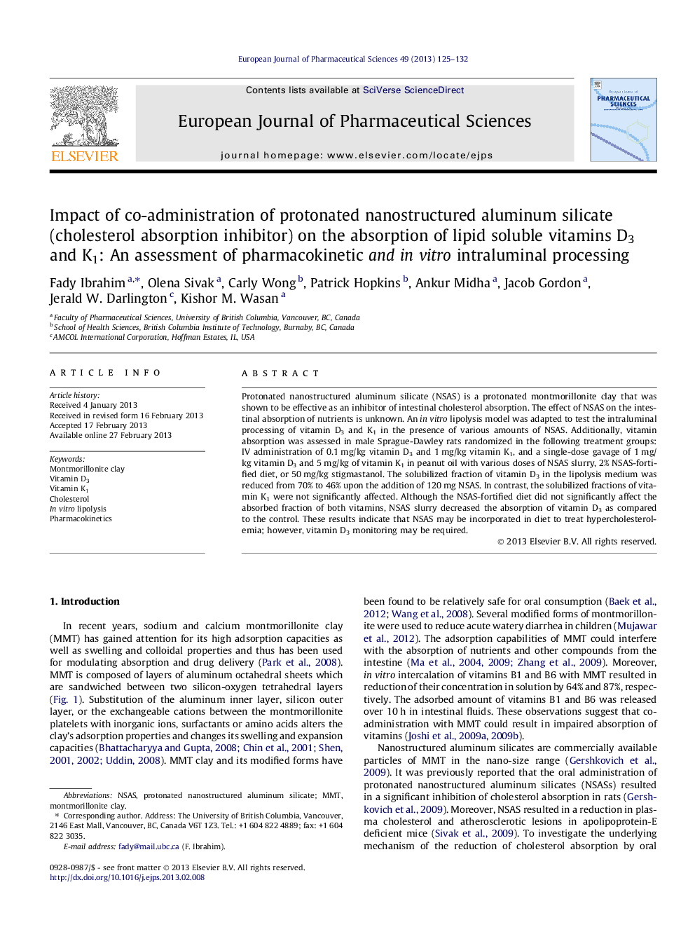 Impact of co-administration of protonated nanostructured aluminum silicate (cholesterol absorption inhibitor) on the absorption of lipid soluble vitamins D3 and K1: An assessment of pharmacokinetic and in vitro intraluminal processing