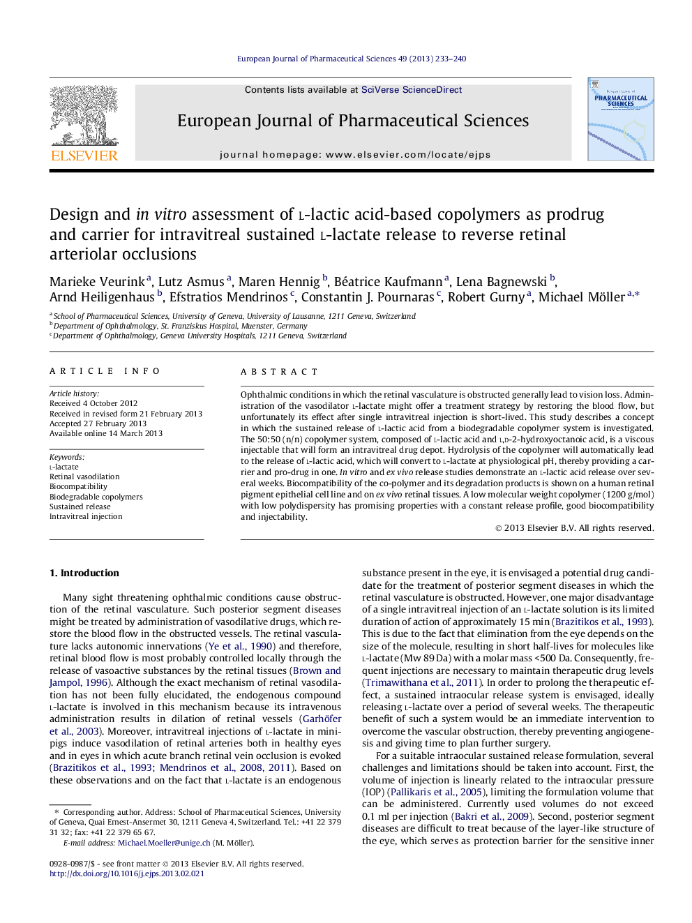 Design and in vitro assessment of L-lactic acid-based copolymers as prodrug and carrier for intravitreal sustained L-lactate release to reverse retinal arteriolar occlusions