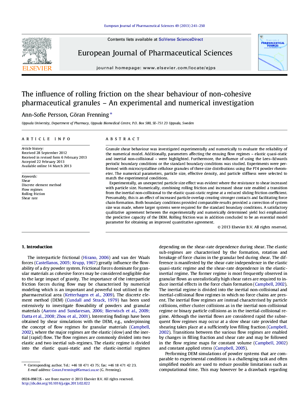 The influence of rolling friction on the shear behaviour of non-cohesive pharmaceutical granules - An experimental and numerical investigation