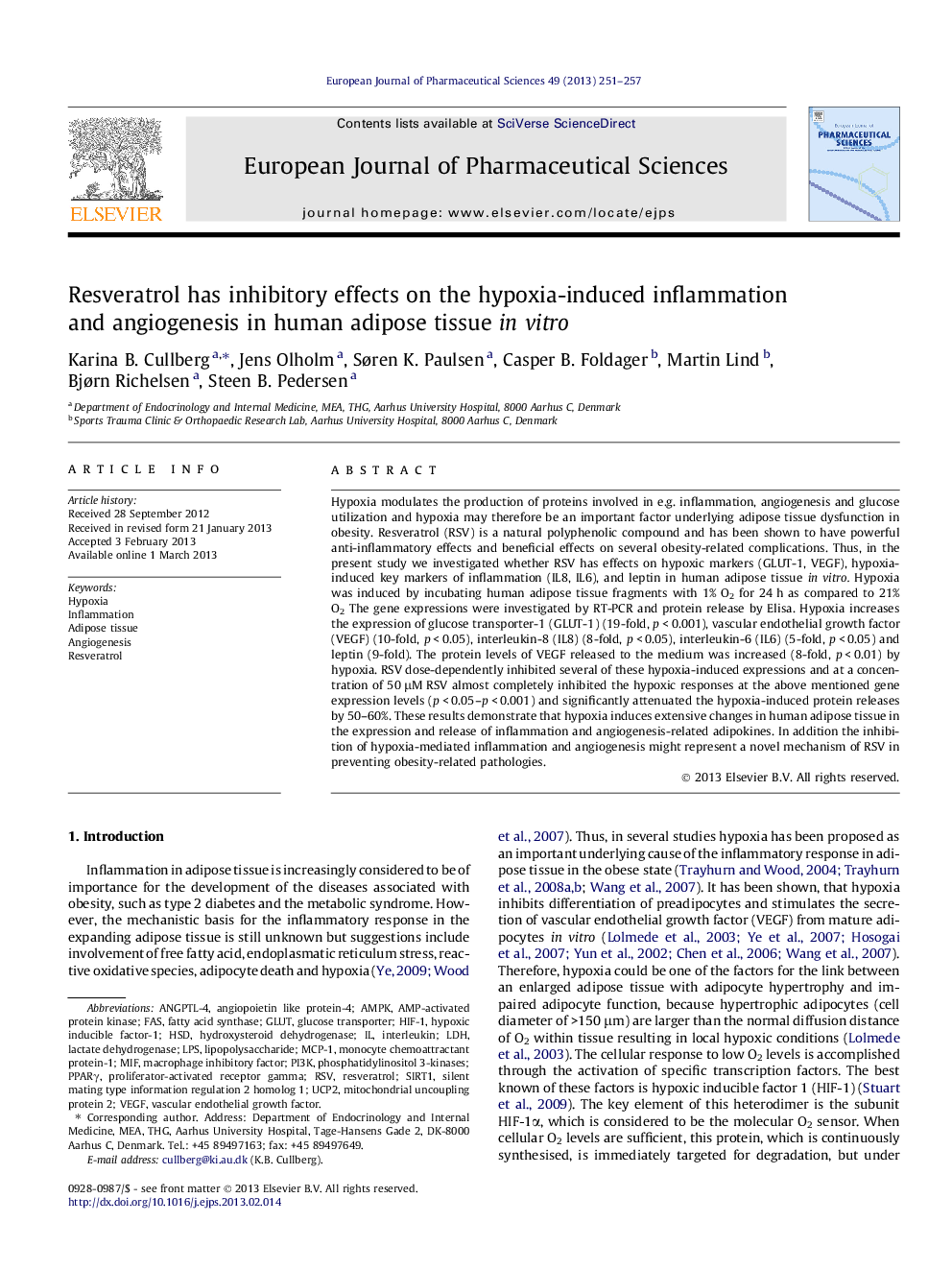 Resveratrol has inhibitory effects on the hypoxia-induced inflammation and angiogenesis in human adipose tissue in vitro