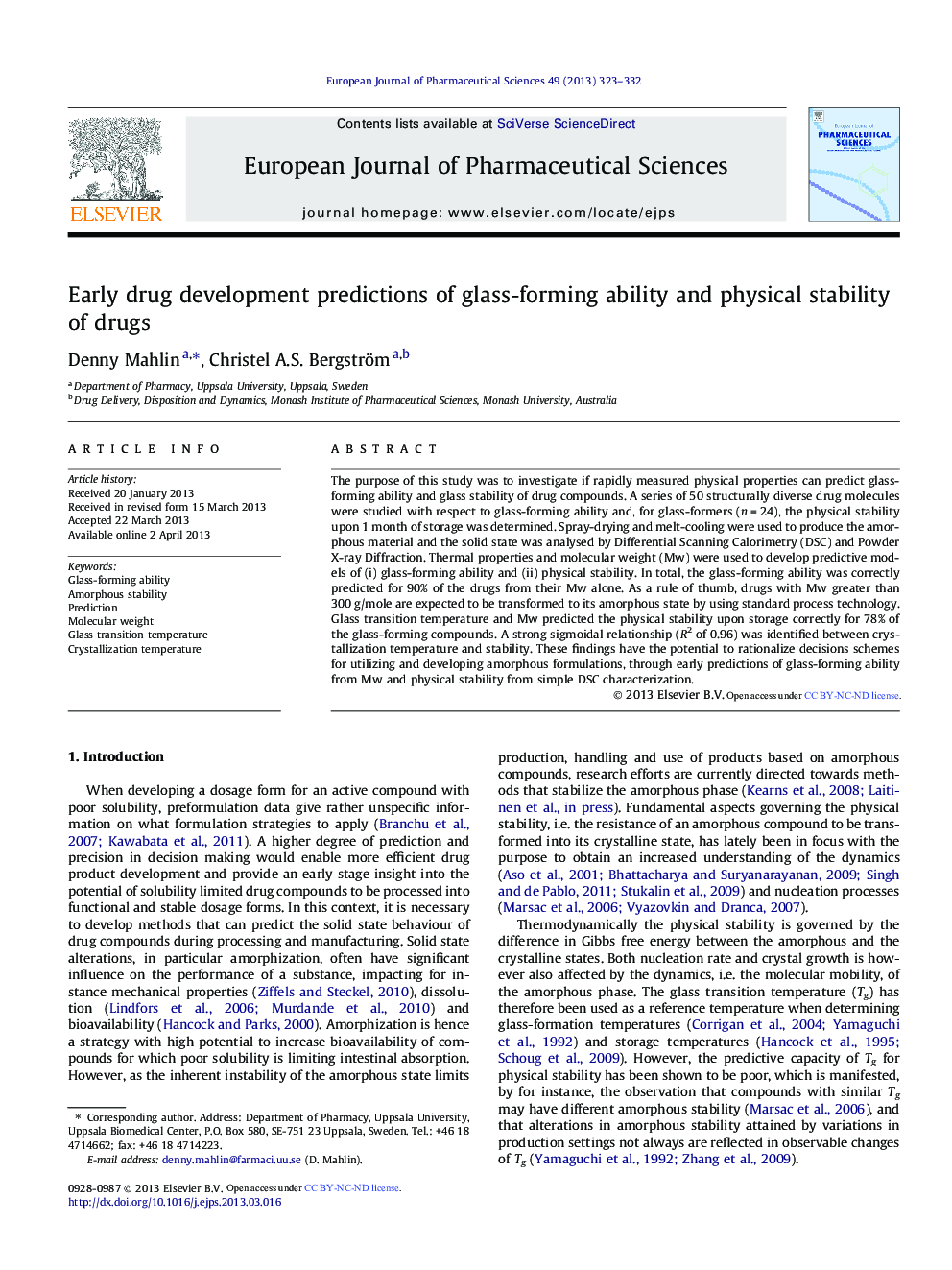 Early drug development predictions of glass-forming ability and physical stability of drugs