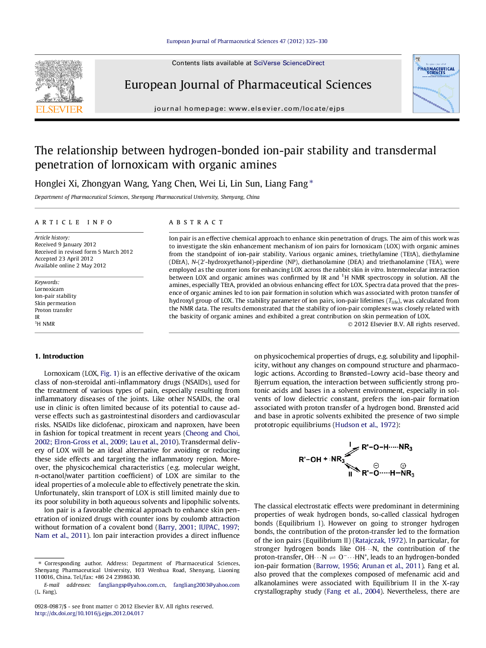 The relationship between hydrogen-bonded ion-pair stability and transdermal penetration of lornoxicam with organic amines