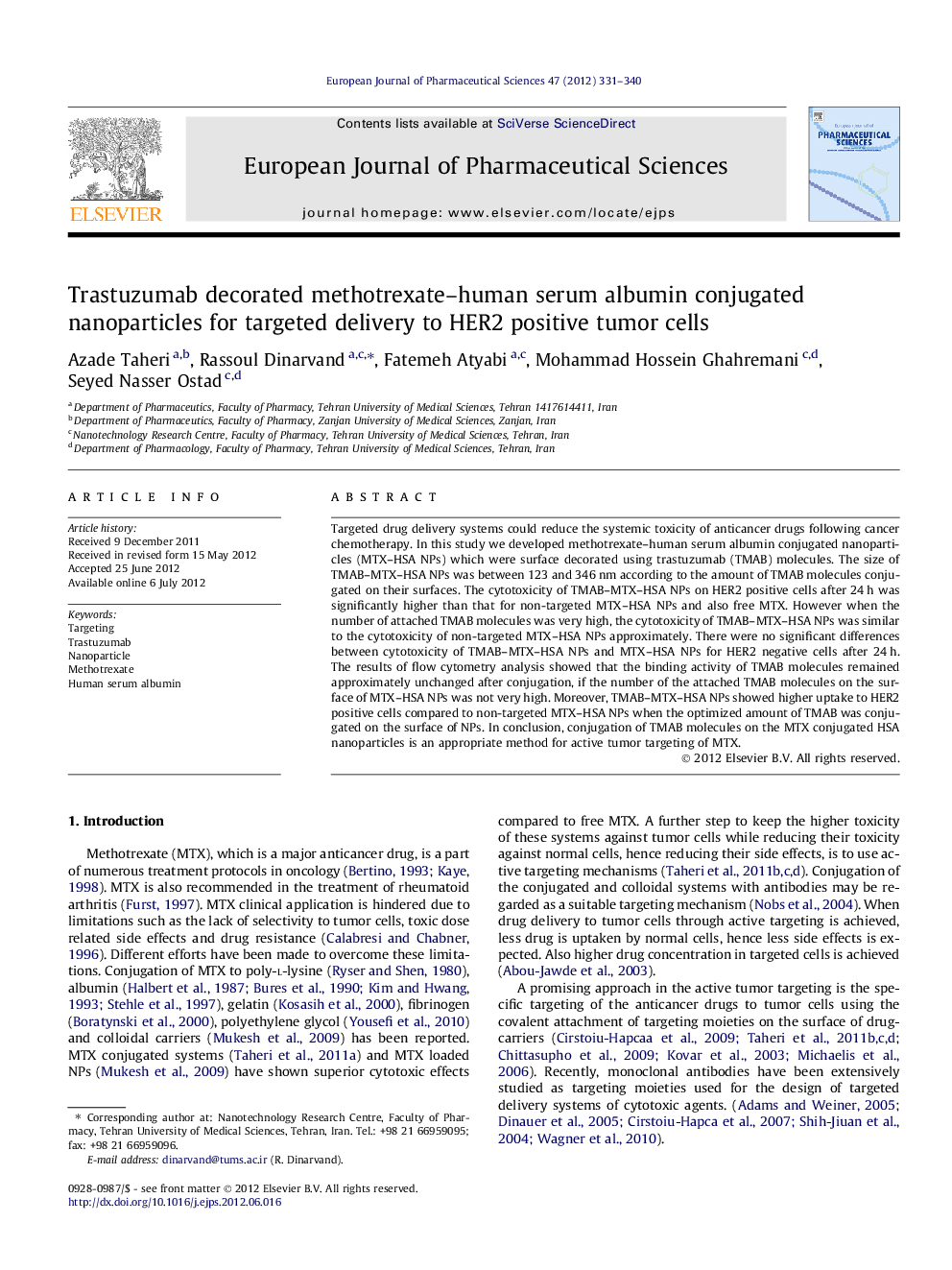 Trastuzumab decorated methotrexate-human serum albumin conjugated nanoparticles for targeted delivery to HER2 positive tumor cells