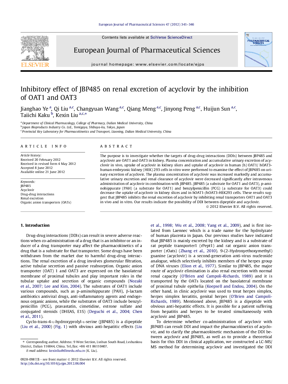 Inhibitory effect of JBP485 on renal excretion of acyclovir by the inhibition of OAT1 and OAT3