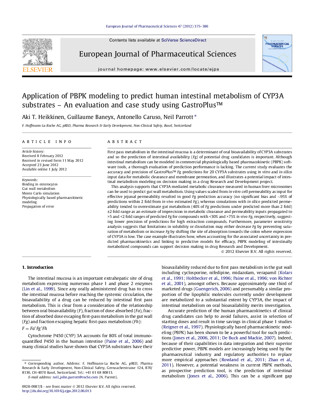 Application of PBPK modeling to predict human intestinal metabolism of CYP3A substrates - An evaluation and case study using GastroPlusâ¢