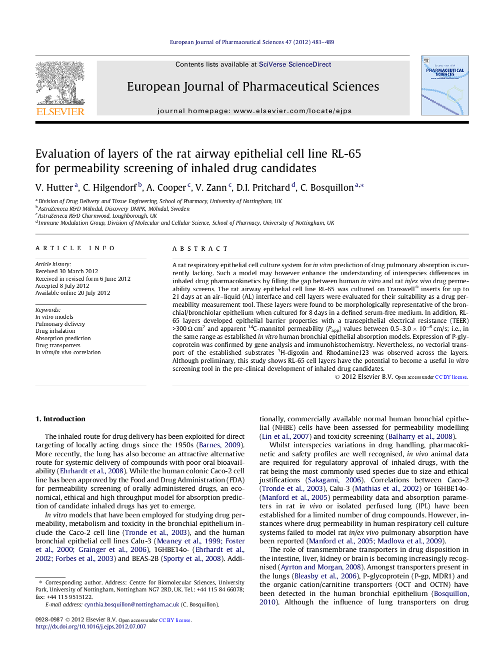 Evaluation of layers of the rat airway epithelial cell line RL-65 for permeability screening of inhaled drug candidates