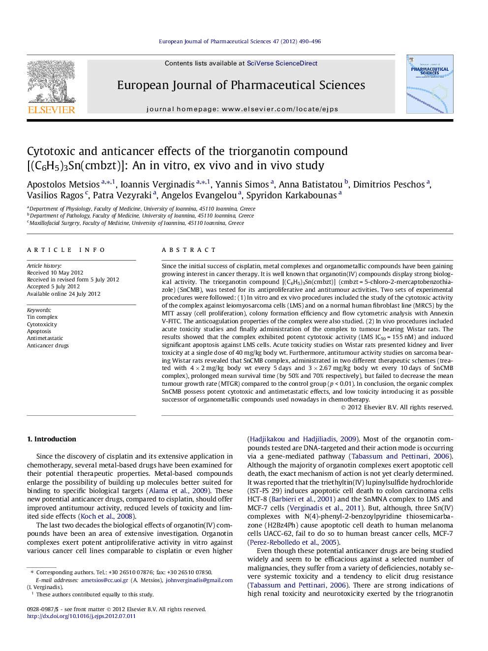 Cytotoxic and anticancer effects of the triorganotin compound [(C6H5)3Sn(cmbzt)]: An in vitro, ex vivo and in vivo study