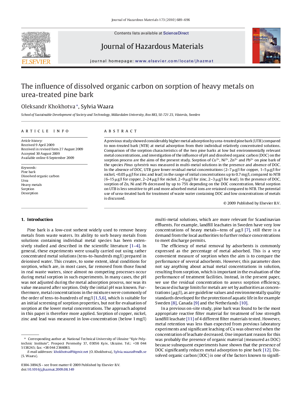 The influence of dissolved organic carbon on sorption of heavy metals on urea-treated pine bark