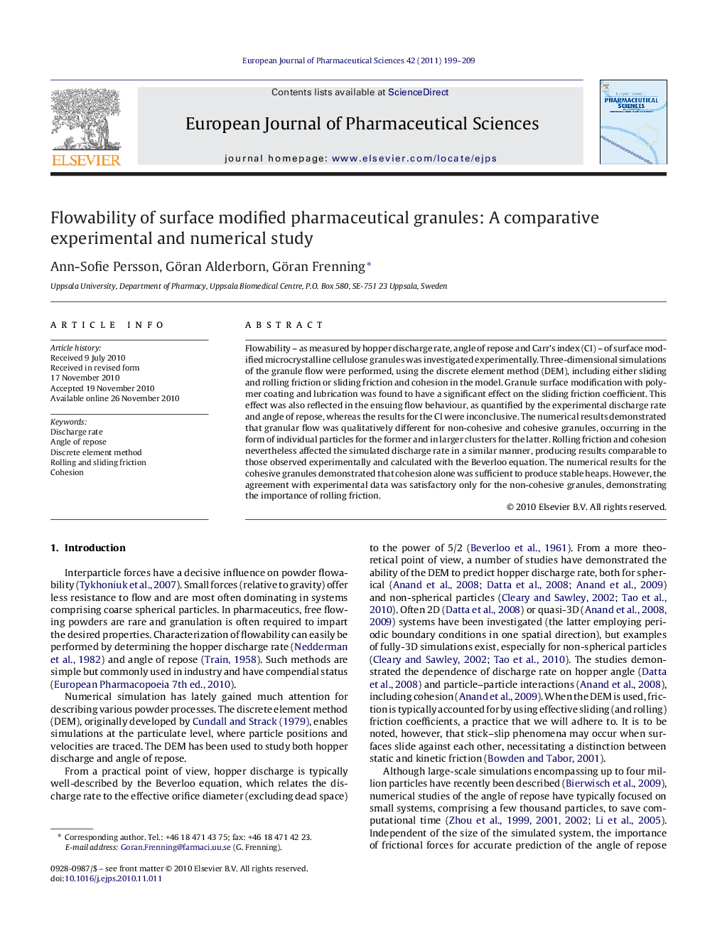 Flowability of surface modified pharmaceutical granules: A comparative experimental and numerical study