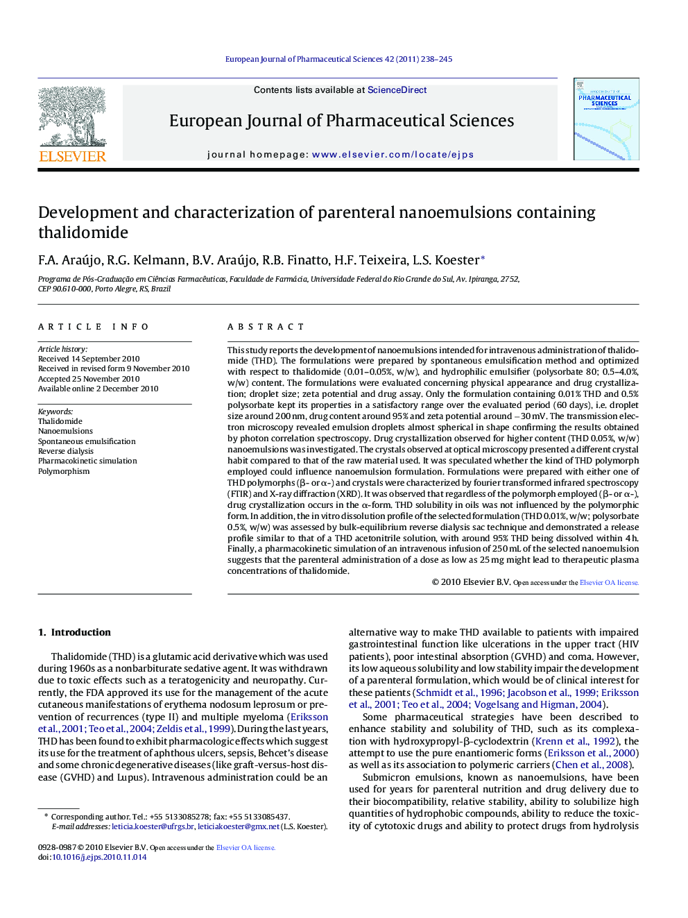 Development and characterization of parenteral nanoemulsions containing thalidomide