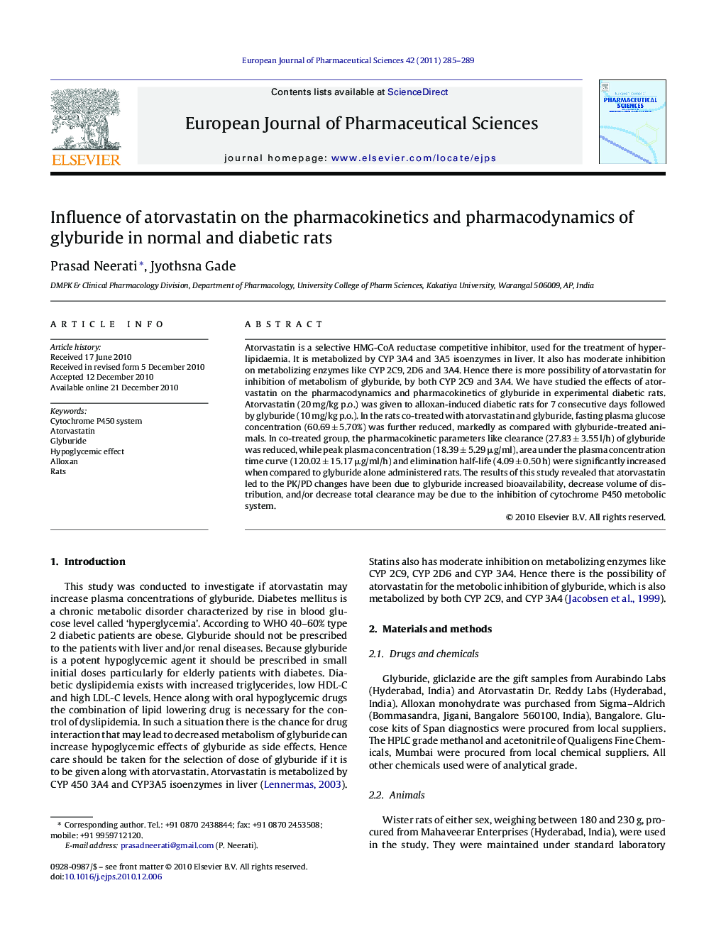 Influence of atorvastatin on the pharmacokinetics and pharmacodynamics of glyburide in normal and diabetic rats