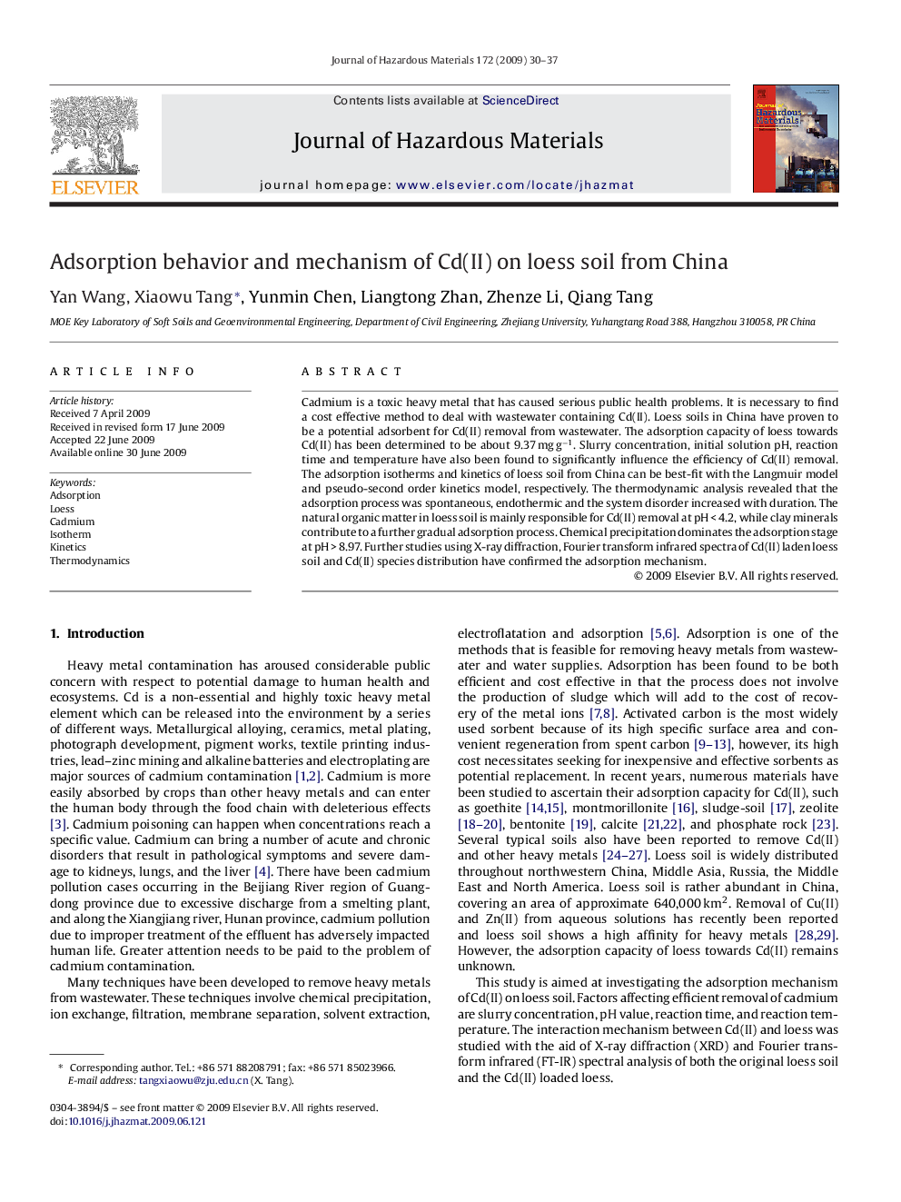 Adsorption behavior and mechanism of Cd(II) on loess soil from China