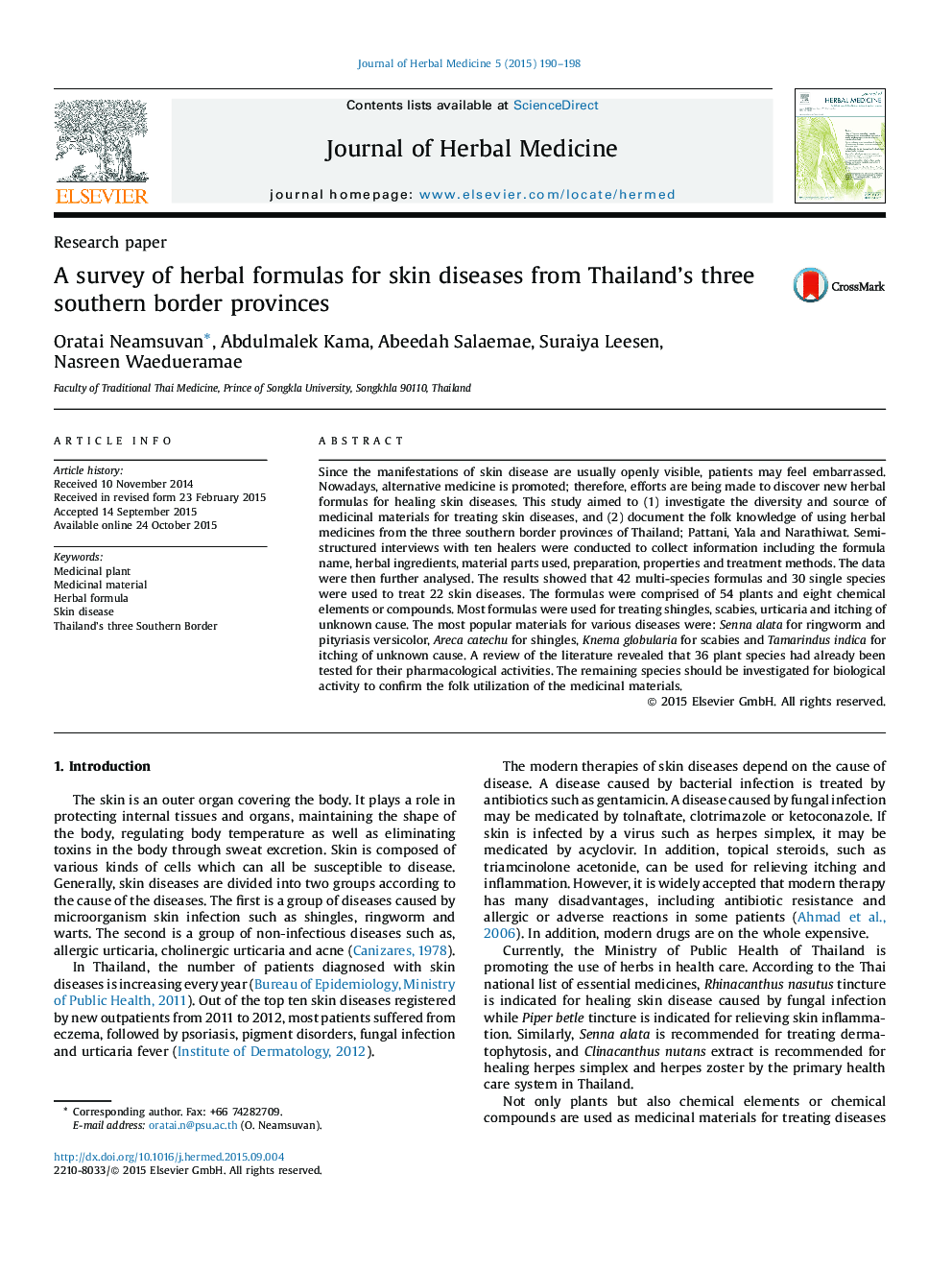 A survey of herbal formulas for skin diseases from Thailand's three southern border provinces