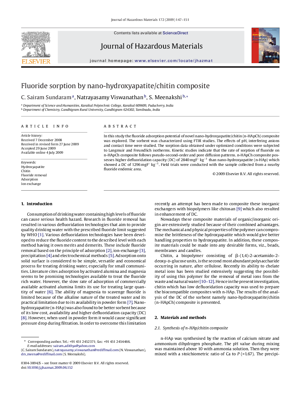 Fluoride sorption by nano-hydroxyapatite/chitin composite