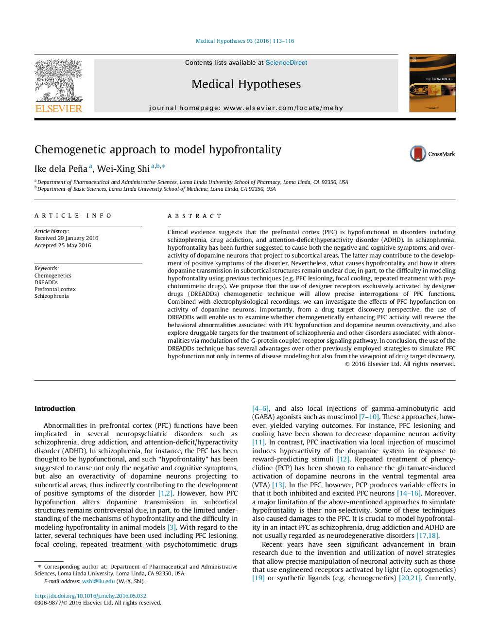 Chemogenetic approach to model hypofrontality