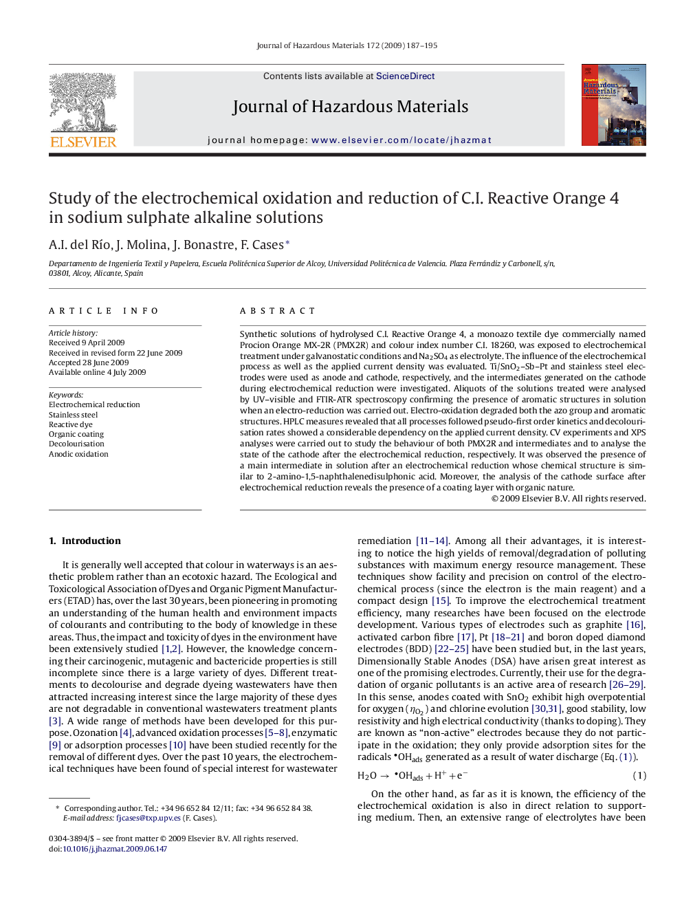 Study of the electrochemical oxidation and reduction of C.I. Reactive Orange 4 in sodium sulphate alkaline solutions