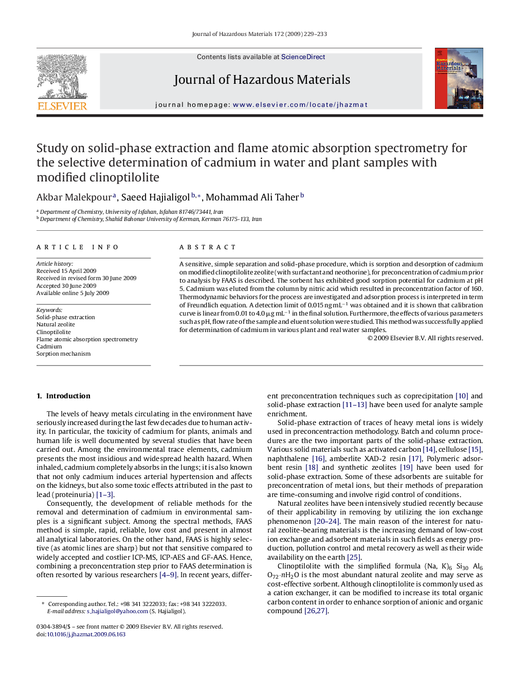 Study on solid-phase extraction and flame atomic absorption spectrometry for the selective determination of cadmium in water and plant samples with modified clinoptilolite