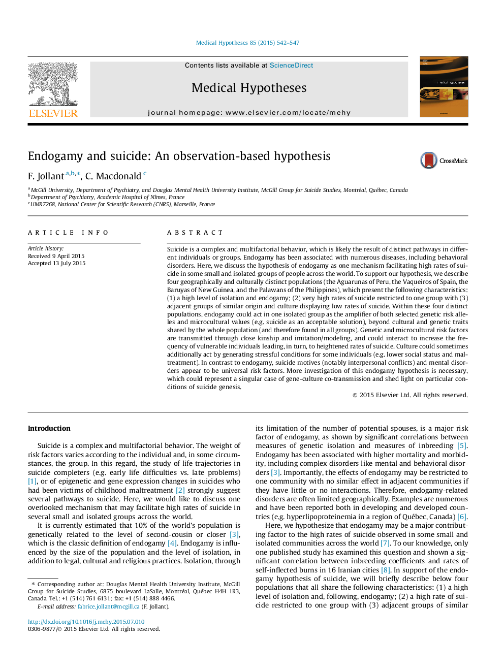 عکس صفحه اول مقاله: Endogamy and suicide: An observation-based hypothesis Endogamy and suicide: An observation-based hypothesis