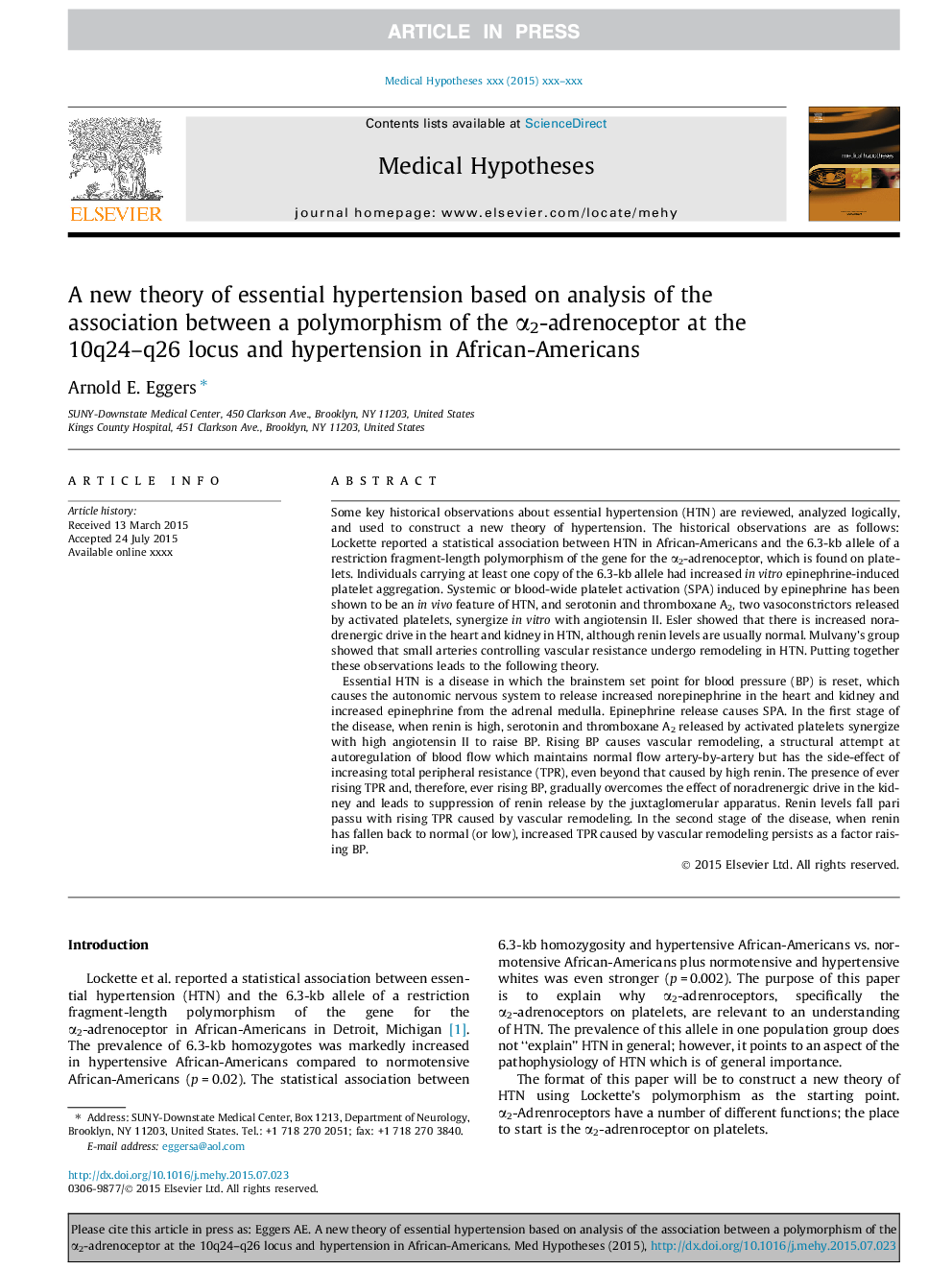 عکس صفحه اول مقاله: A new theory of essential hypertension based on analysis of the association between a polymorphism of the α2-adrenoceptor at the 10q24-q26 locus and hypertension in African-Americans A new theory of essential hypertension based on analysis of the association between a polymorphism of the α2-adrenoceptor at the 10q24-q26 locus and hypertension in African-Americans