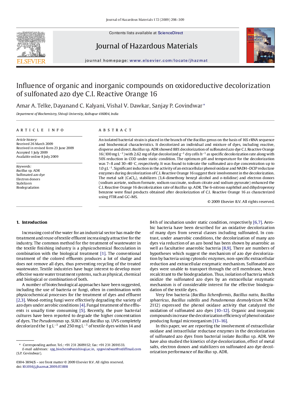 Influence of organic and inorganic compounds on oxidoreductive decolorization of sulfonated azo dye C.I. Reactive Orange 16