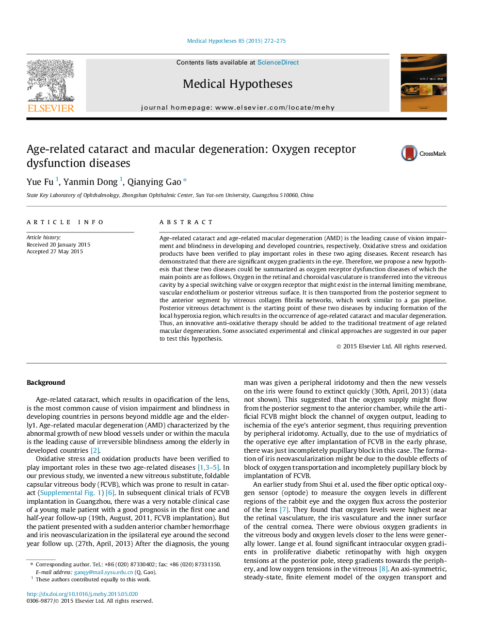 Age-related cataract and macular degeneration: Oxygen receptor dysfunction diseases