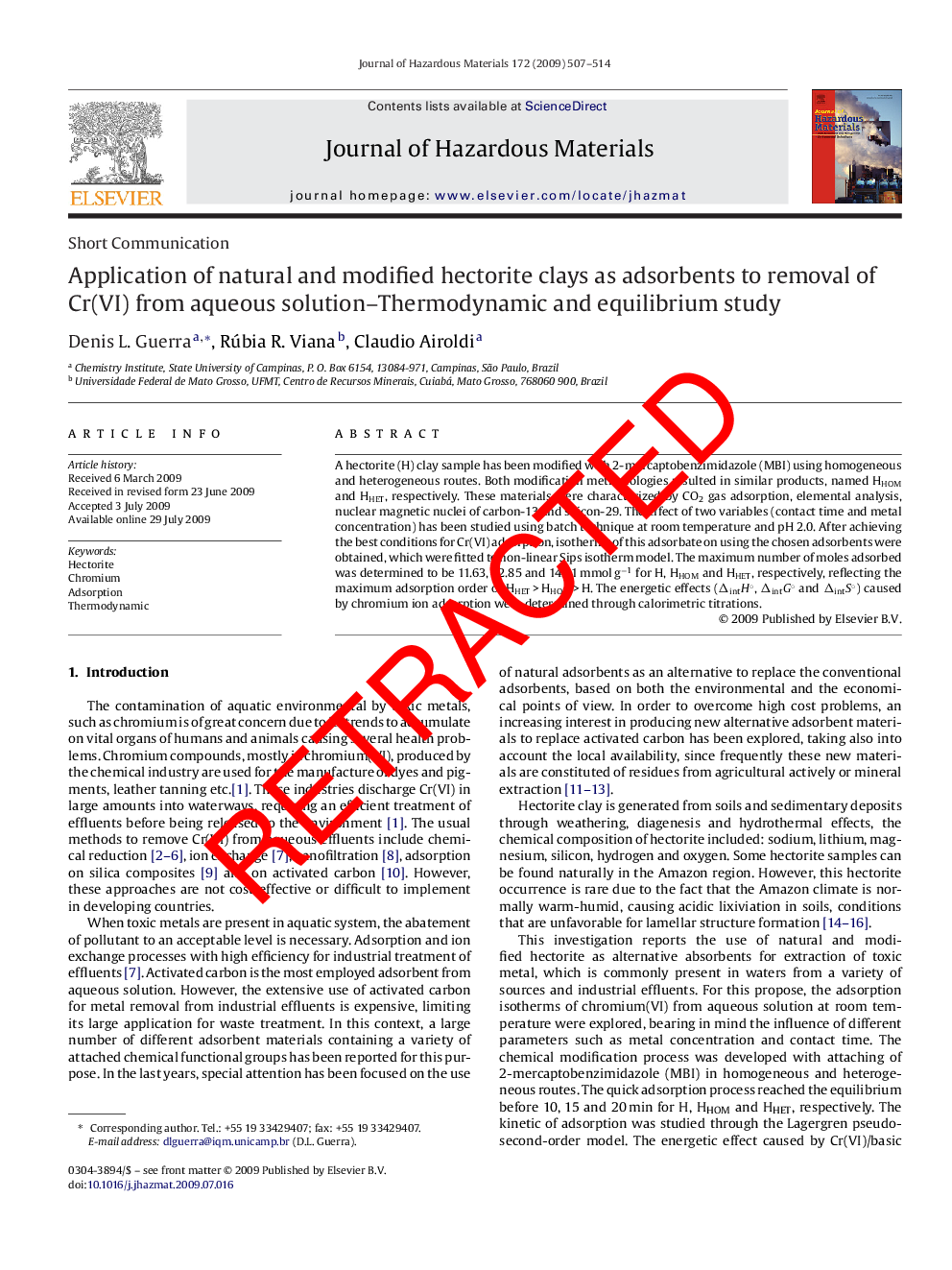 RETRACTED: Application of natural and modified hectorite clays as adsorbents to removal of Cr(VI) from aqueous solution-Thermodynamic and equilibrium study