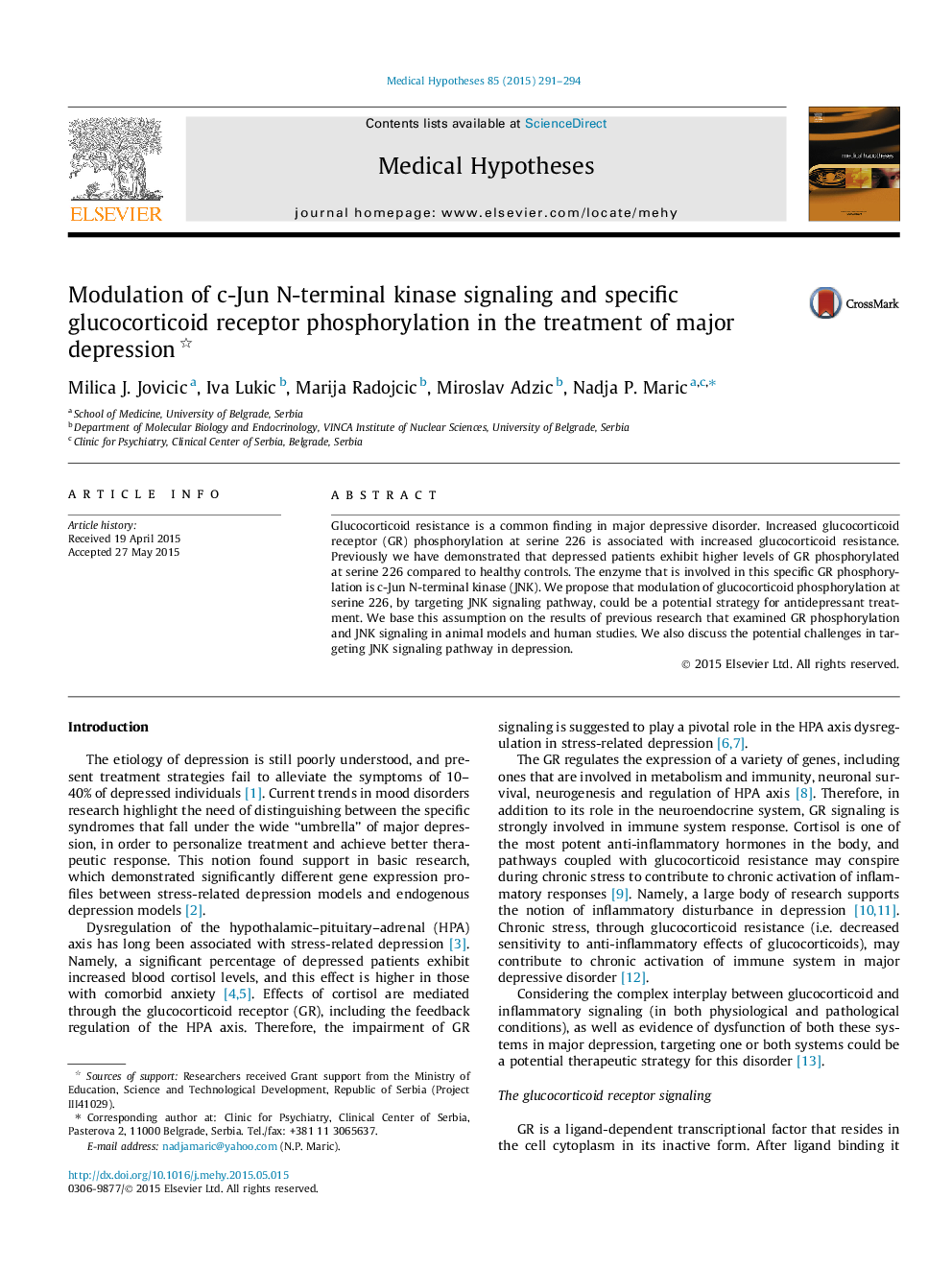 عکس صفحه اول مقاله: Modulation of c-Jun N-terminal kinase signaling and specific glucocorticoid receptor phosphorylation in the treatment of major depression Modulation of c-Jun N-terminal kinase signaling and specific glucocorticoid receptor phosphorylation in the treatment of major depression