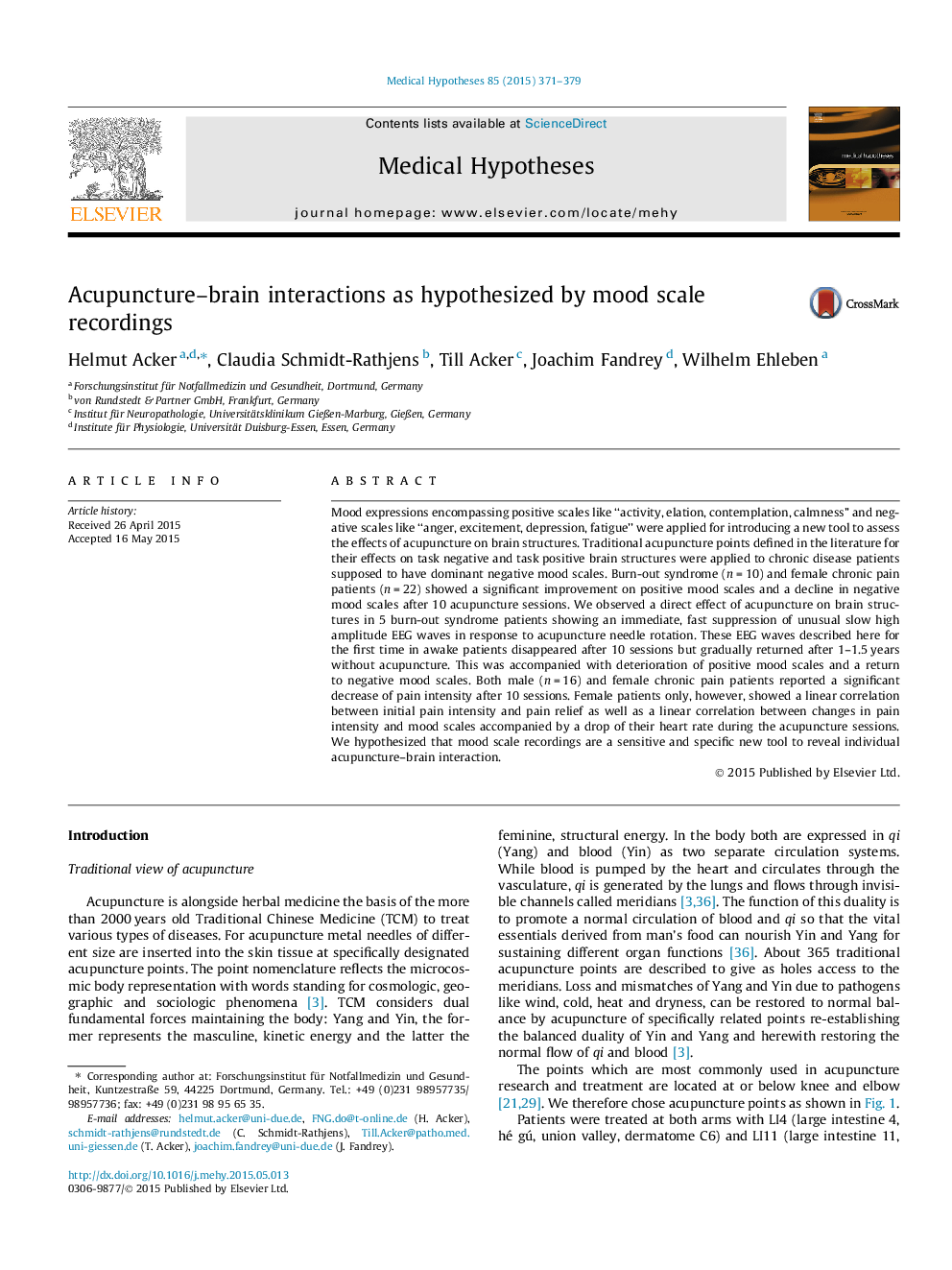 Acupuncture-brain interactions as hypothesized by mood scale recordings