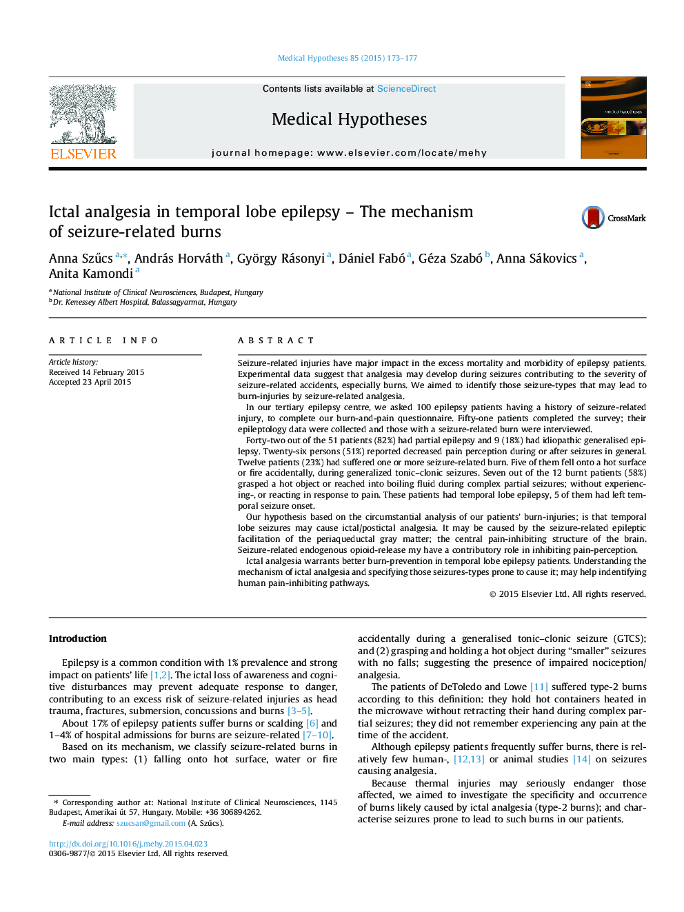 Ictal analgesia in temporal lobe epilepsy - The mechanism of seizure-related burns