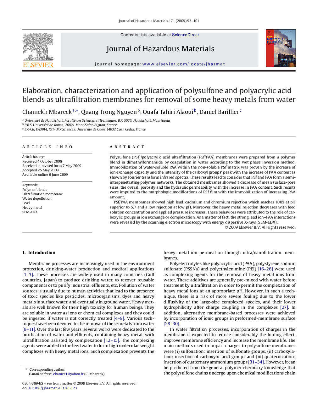 Elaboration, characterization and application of polysulfone and polyacrylic acid blends as ultrafiltration membranes for removal of some heavy metals from water