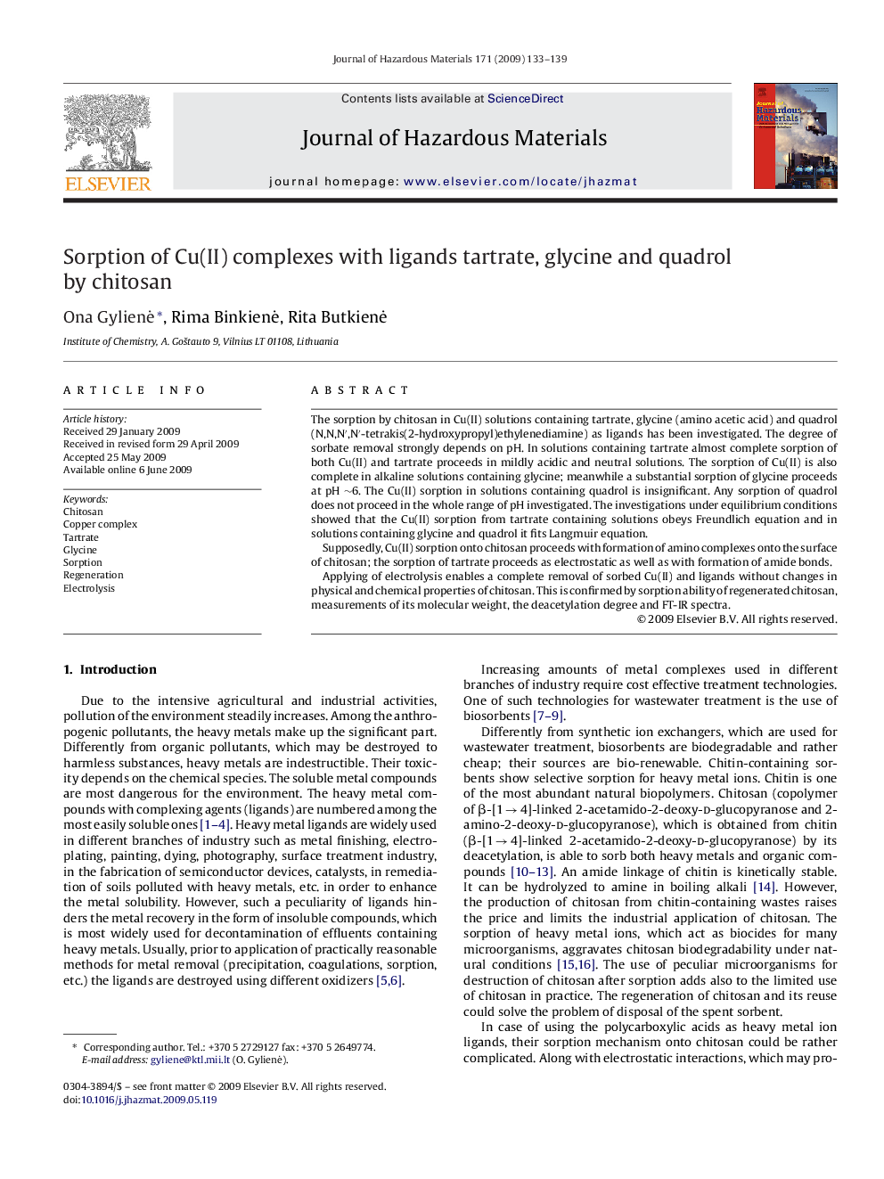 Sorption of Cu(II) complexes with ligands tartrate, glycine and quadrol by chitosan