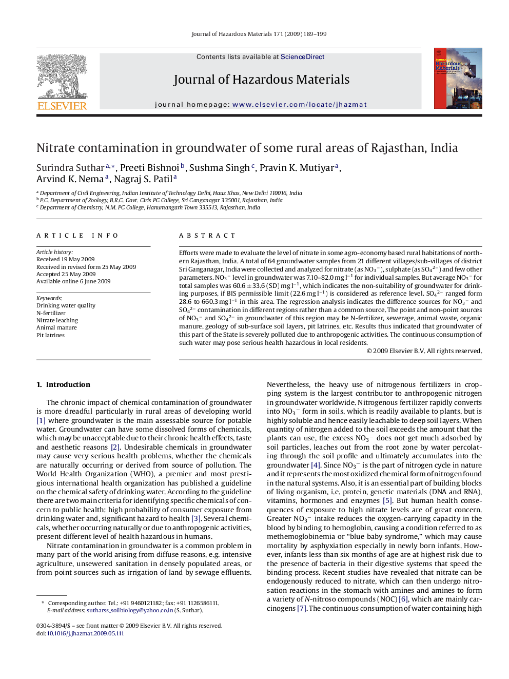 Nitrate contamination in groundwater of some rural areas of Rajasthan, India