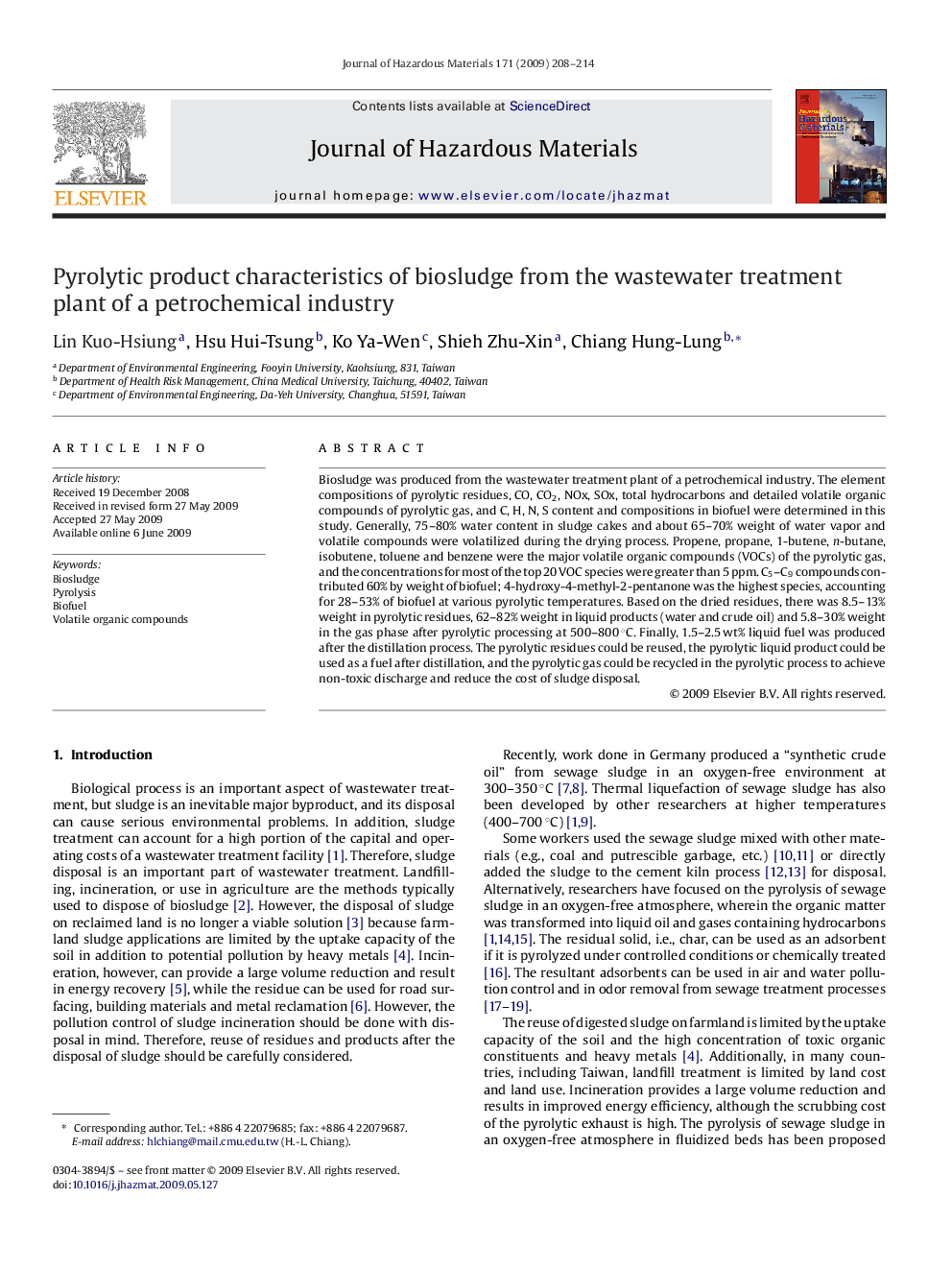 Pyrolytic product characteristics of biosludge from the wastewater treatment plant of a petrochemical industry