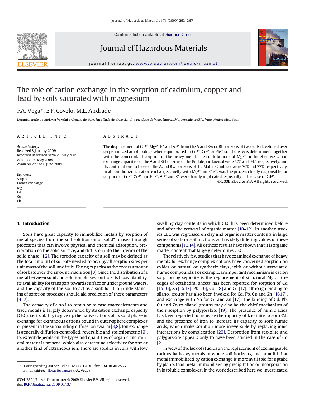 The role of cation exchange in the sorption of cadmium, copper and lead by soils saturated with magnesium