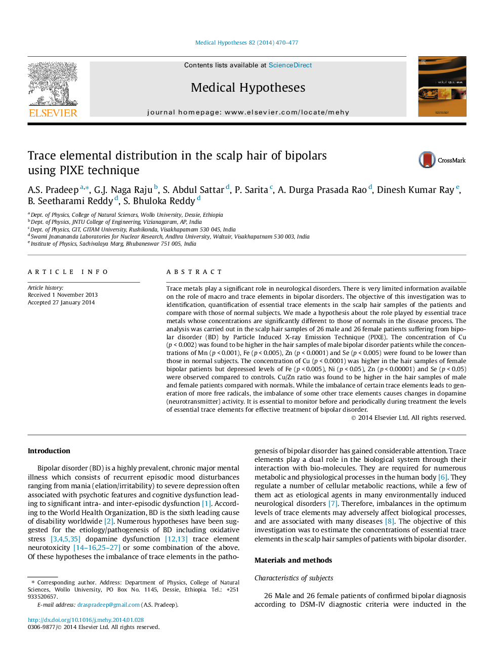 Trace elemental distribution in the scalp hair of bipolars using PIXE technique