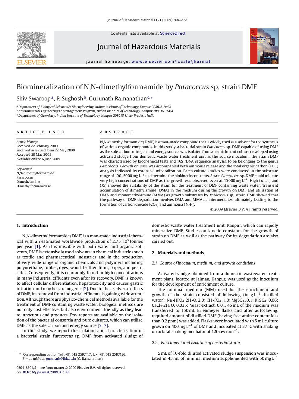 Biomineralization of N,N-dimethylformamide by Paracoccus sp. strain DMF