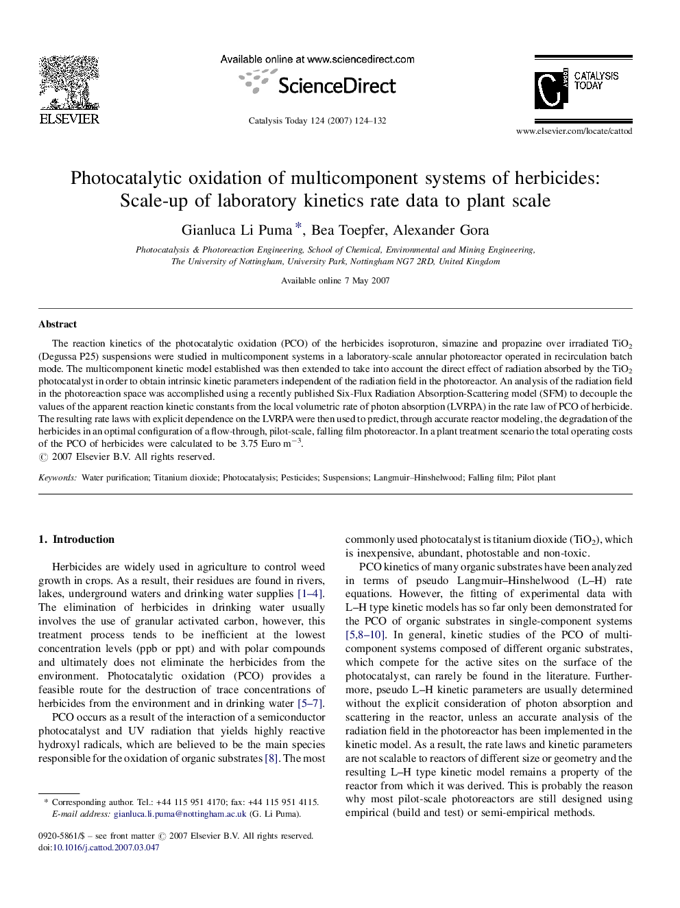 Photocatalytic oxidation of multicomponent systems of herbicides: Scale-up of laboratory kinetics rate data to plant scale