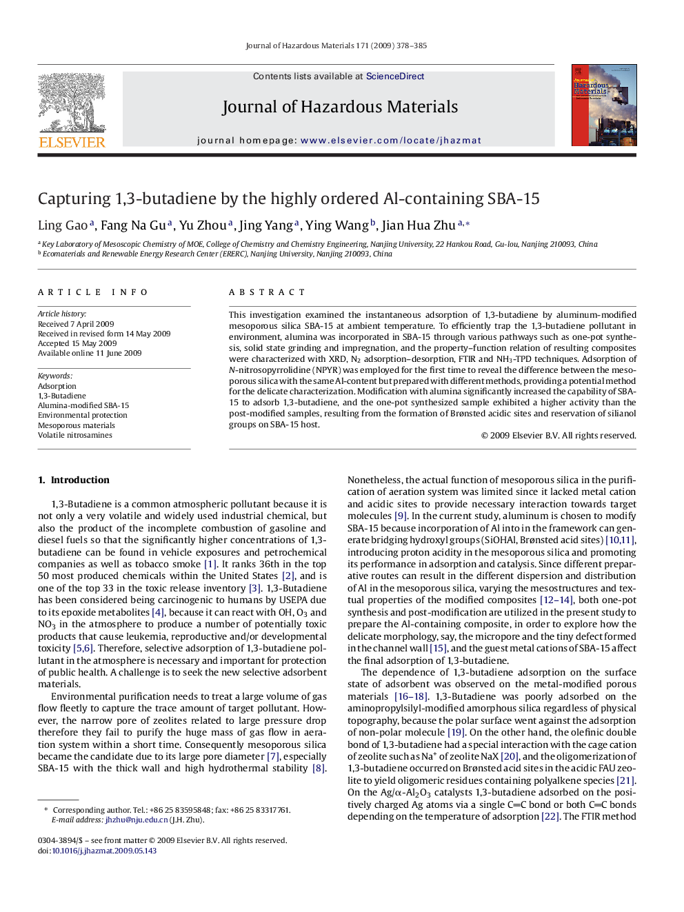 Capturing 1,3-butadiene by the highly ordered Al-containing SBA-15