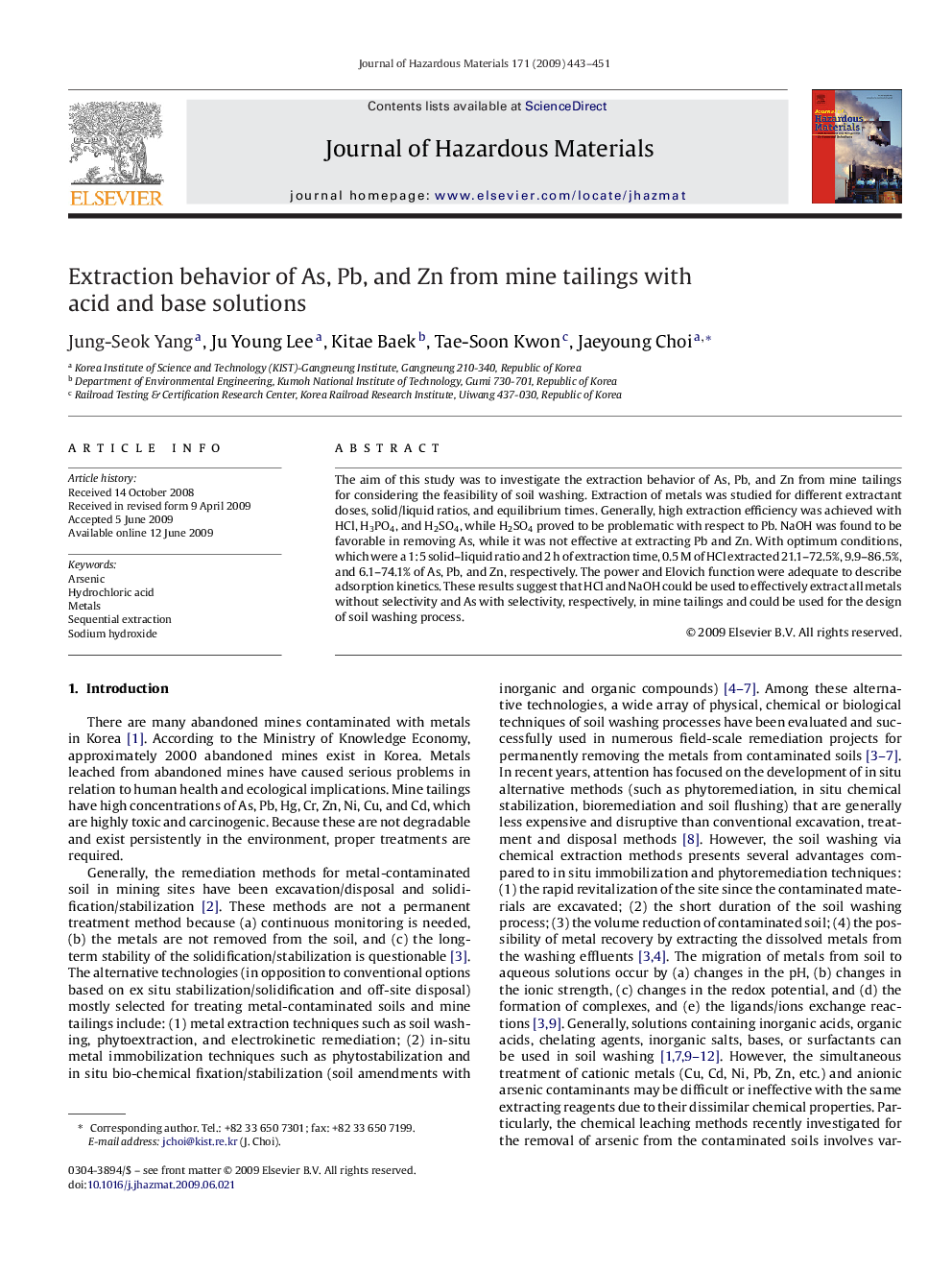 Extraction behavior of As, Pb, and Zn from mine tailings with acid and base solutions