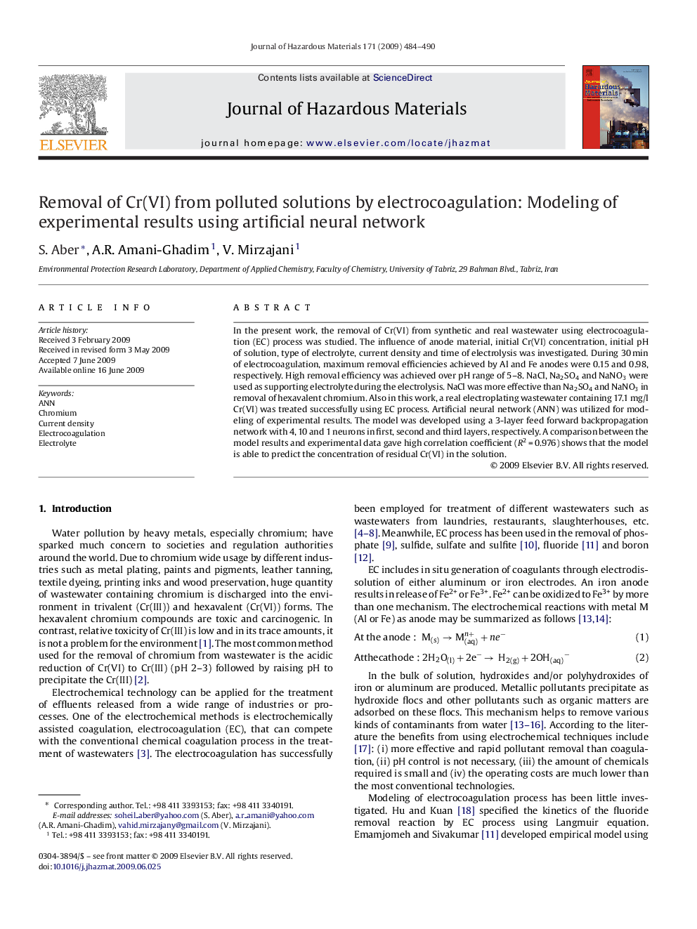 Removal of Cr(VI) from polluted solutions by electrocoagulation: Modeling of experimental results using artificial neural network