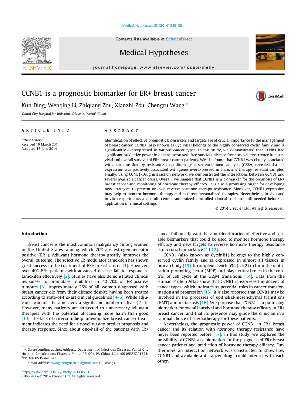 CCNB1 is a prognostic biomarker for ER+ breast cancer