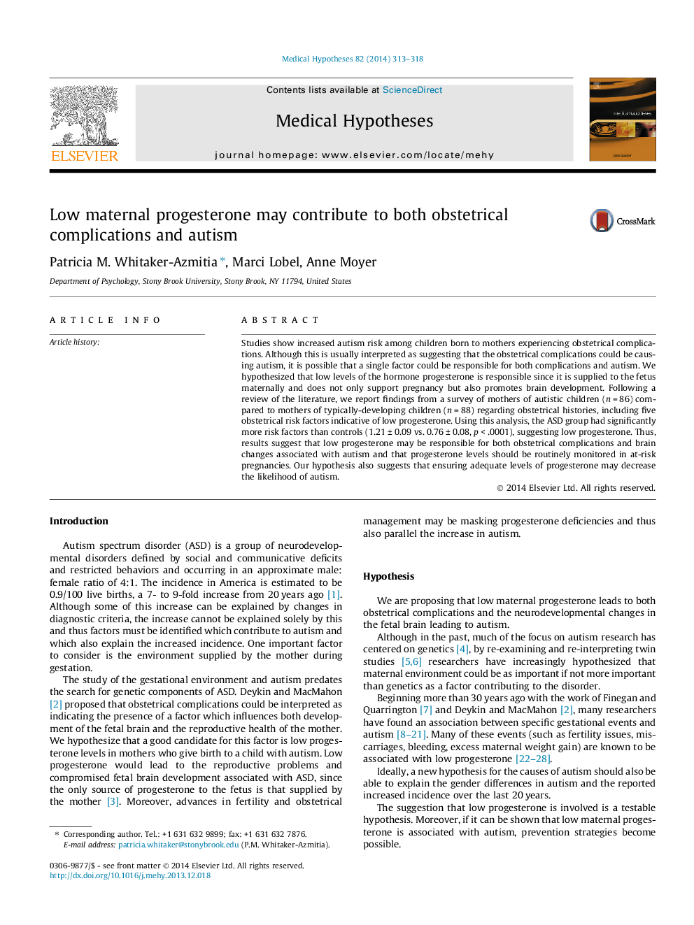 Low maternal progesterone may contribute to both obstetrical complications and autism