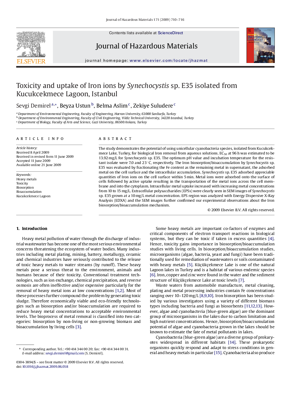 Toxicity and uptake of Iron ions by Synechocystis sp. E35 isolated from Kucukcekmece Lagoon, Istanbul