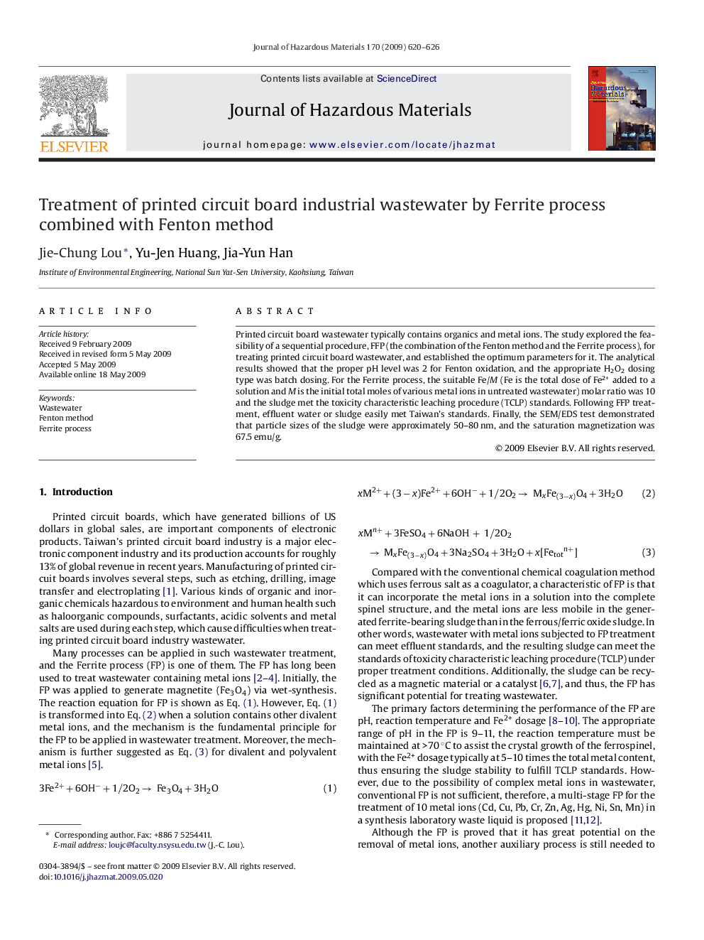 Treatment of printed circuit board industrial wastewater by Ferrite process combined with Fenton method