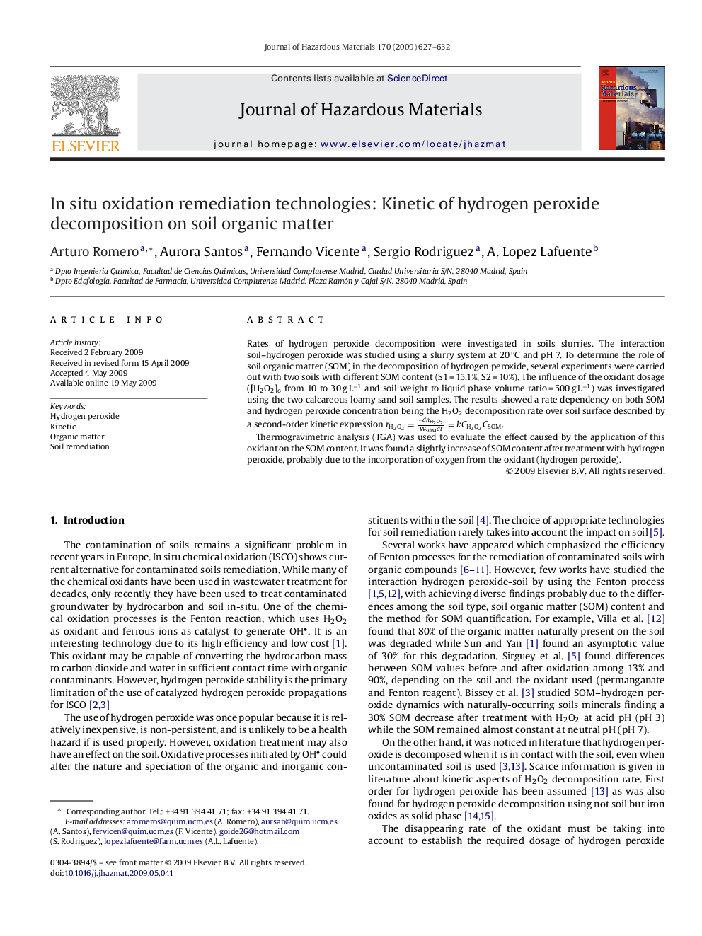 In situ oxidation remediation technologies: Kinetic of hydrogen peroxide decomposition on soil organic matter