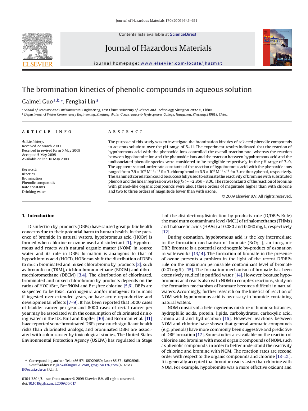 The bromination kinetics of phenolic compounds in aqueous solution